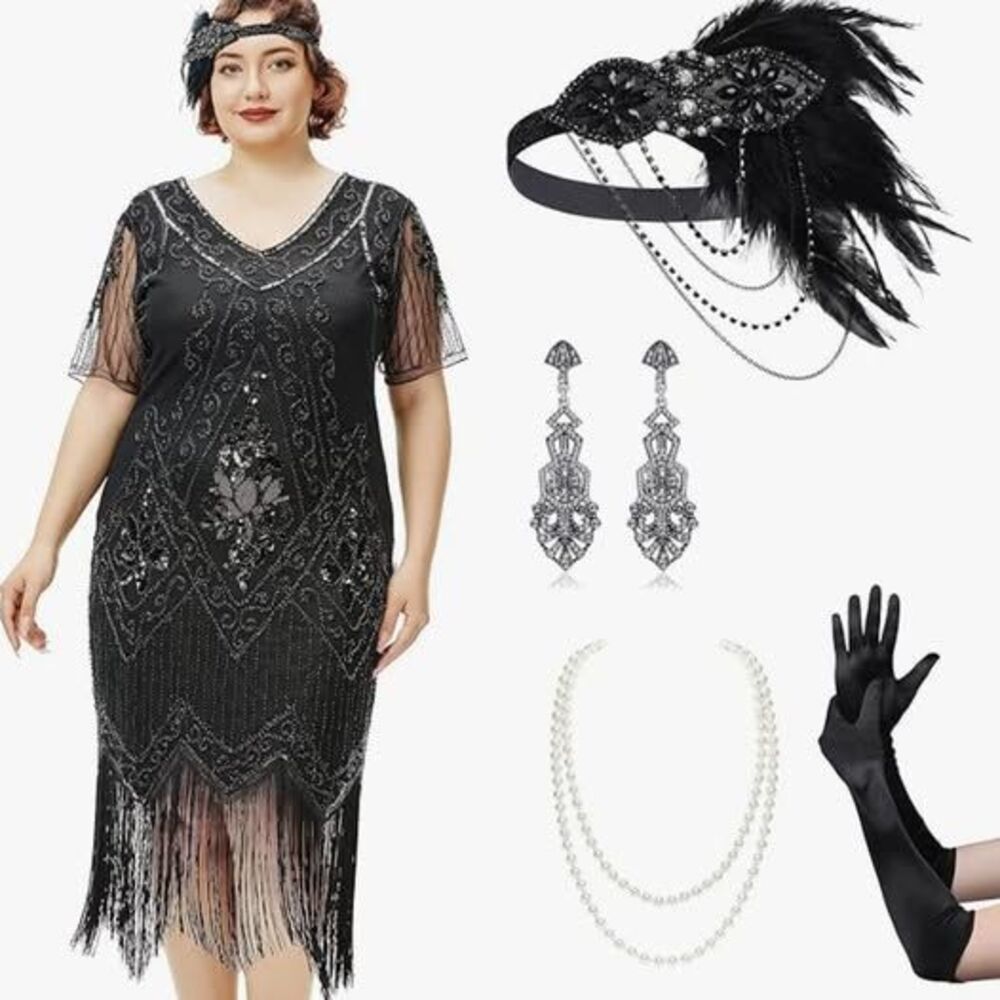 FLAPPER DRESS Set for Women PLUS SIZE Black Cocktail 1920s Costume Halloween